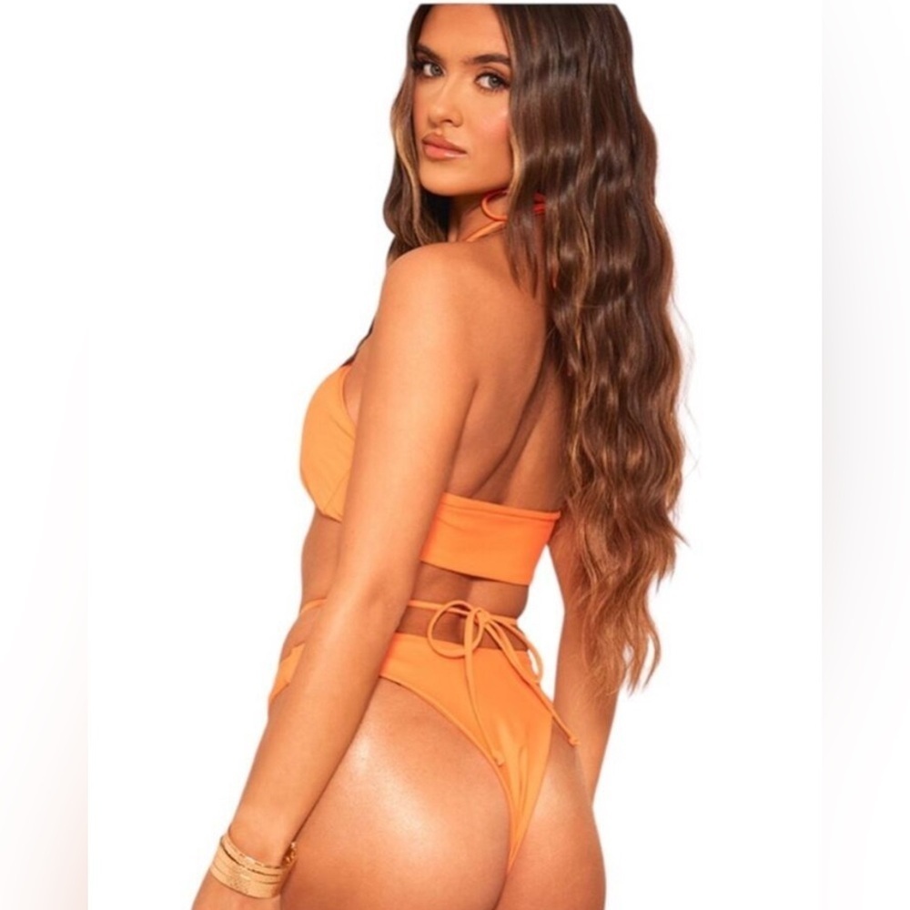 NWT PrettyLittleThing orange o ring halter top bikini set size UK12 US8 - Picture 2 of 10